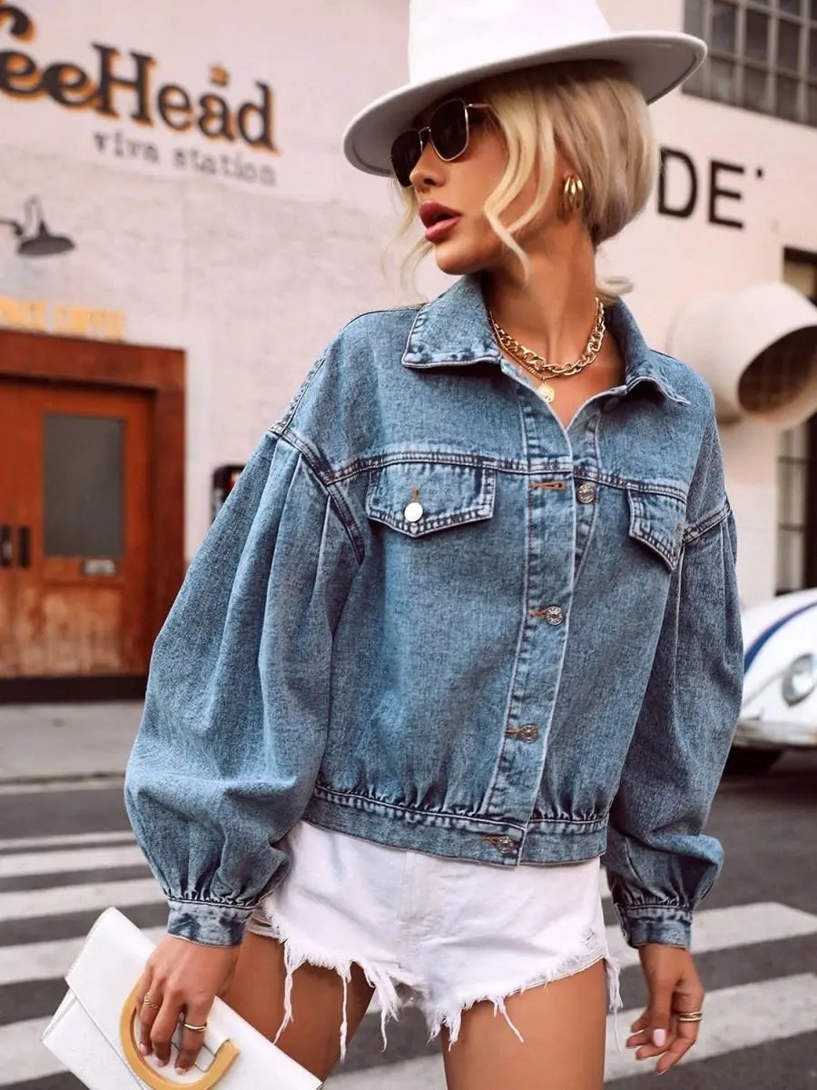 Collared Neck Dropped Shoulder Denim Top - Love Salve